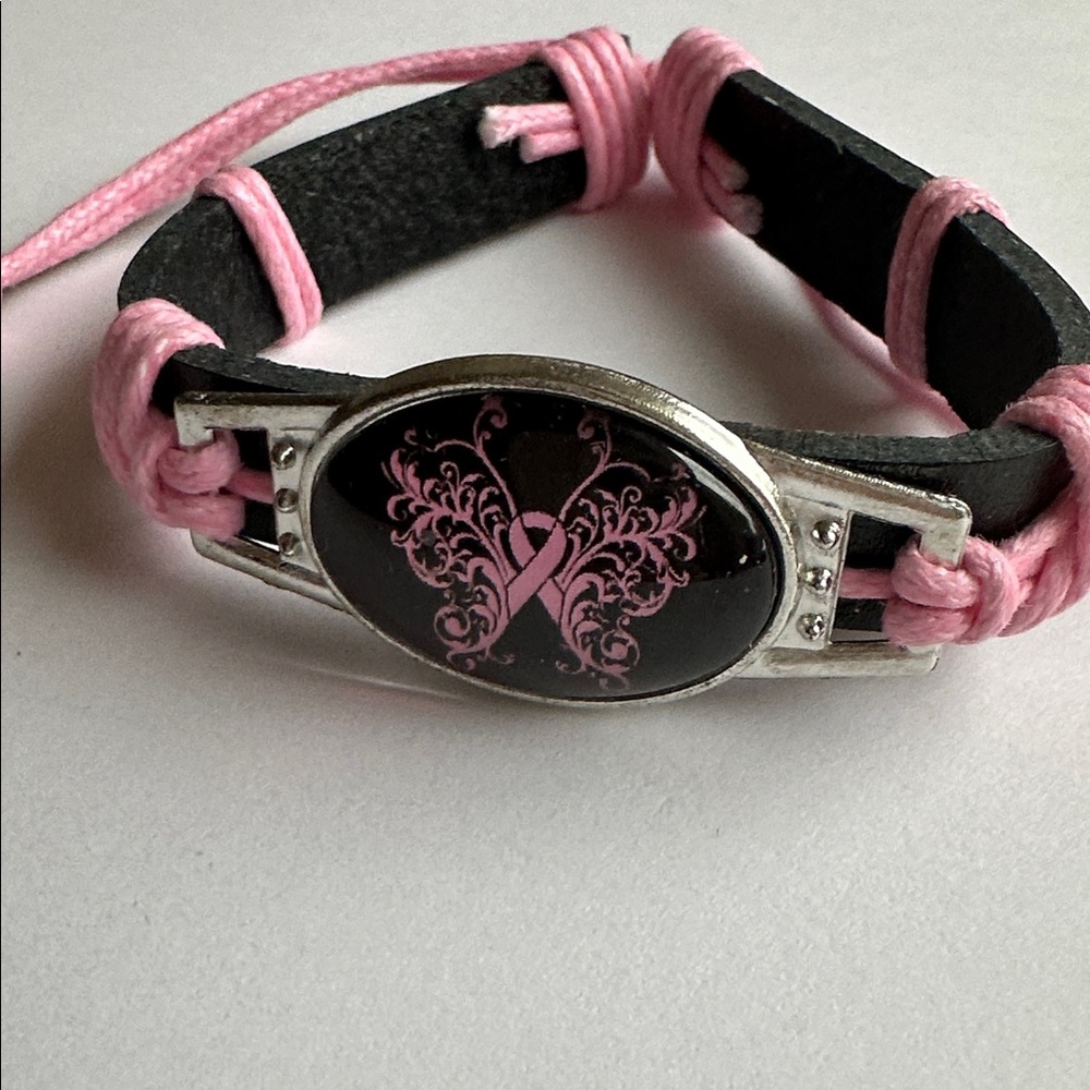 New Faux leather breast cancer butterfly bracelet with adjustable strap - Picture 3 of 4